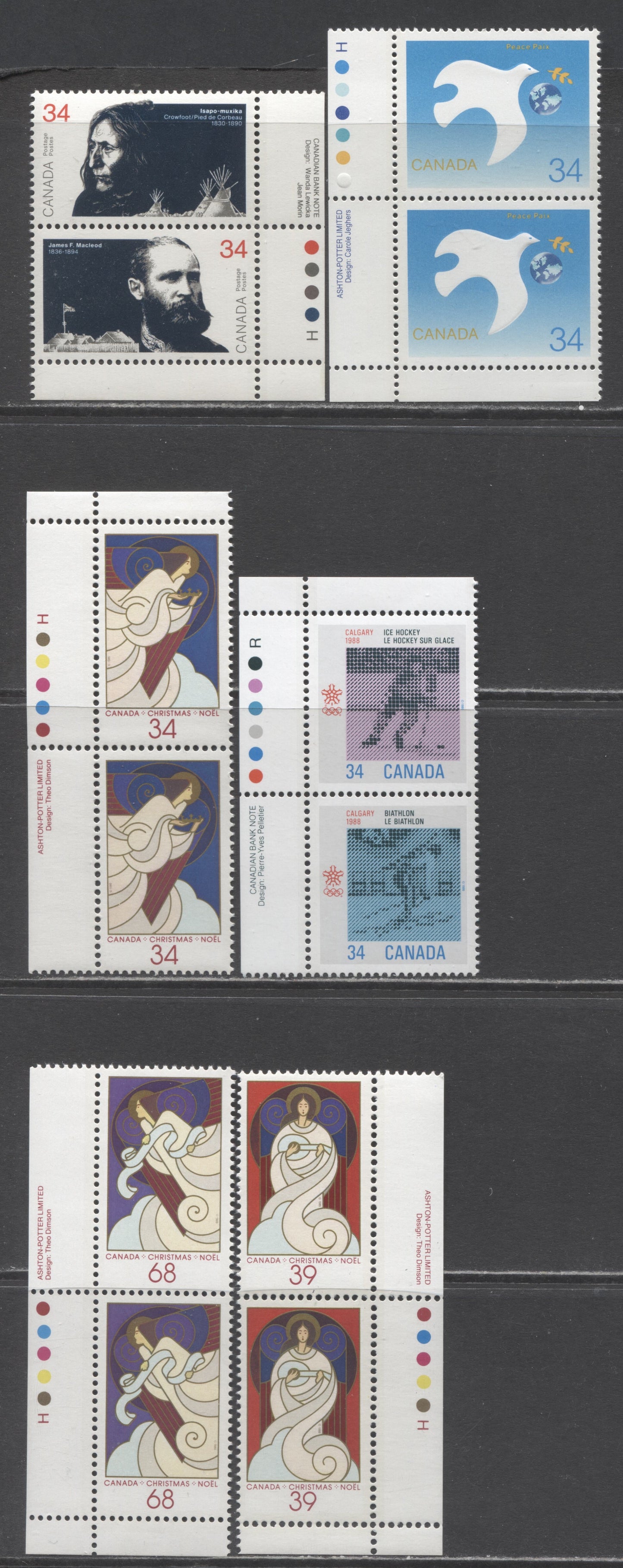 Canada #1109a, 1110, 1112a, 1113-1115 34c, 39c, 68c Multicoloured Various Subjects, 1986 Peacemakers Of The Prairies - Christmas Issues, 6 VFNH Inscription Pairs