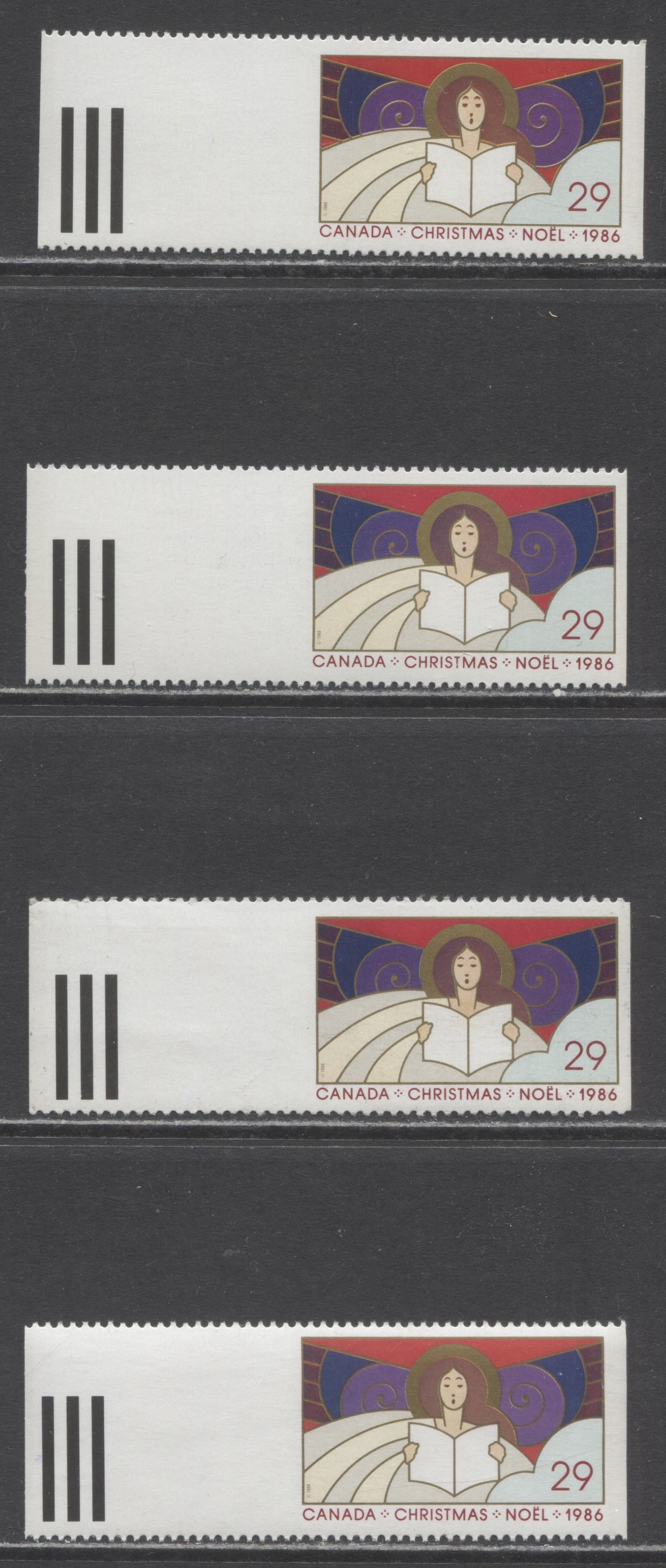 Lot 94 Canada #1116, 1116b 34c Multicoloured Angel Reading Book, 1986 Christmas Issue, 4 VFNH Singles Perf. 13.5 & 12.5 Horizontally, 3 Different Shades on The Perf. 13.5