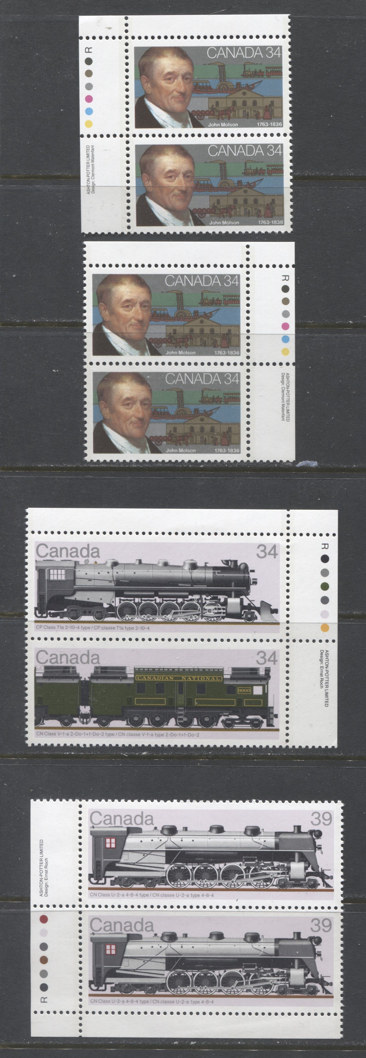 Canada #1117-I, 1118-1121 34c & 39c Multicoloured Various Trains & John Molson, 1986 Locomotives & John Molson Issues, 5 VFNH Inscription Pairs F/DF, LF/F, LF/DF, LF/MF, MF/LF