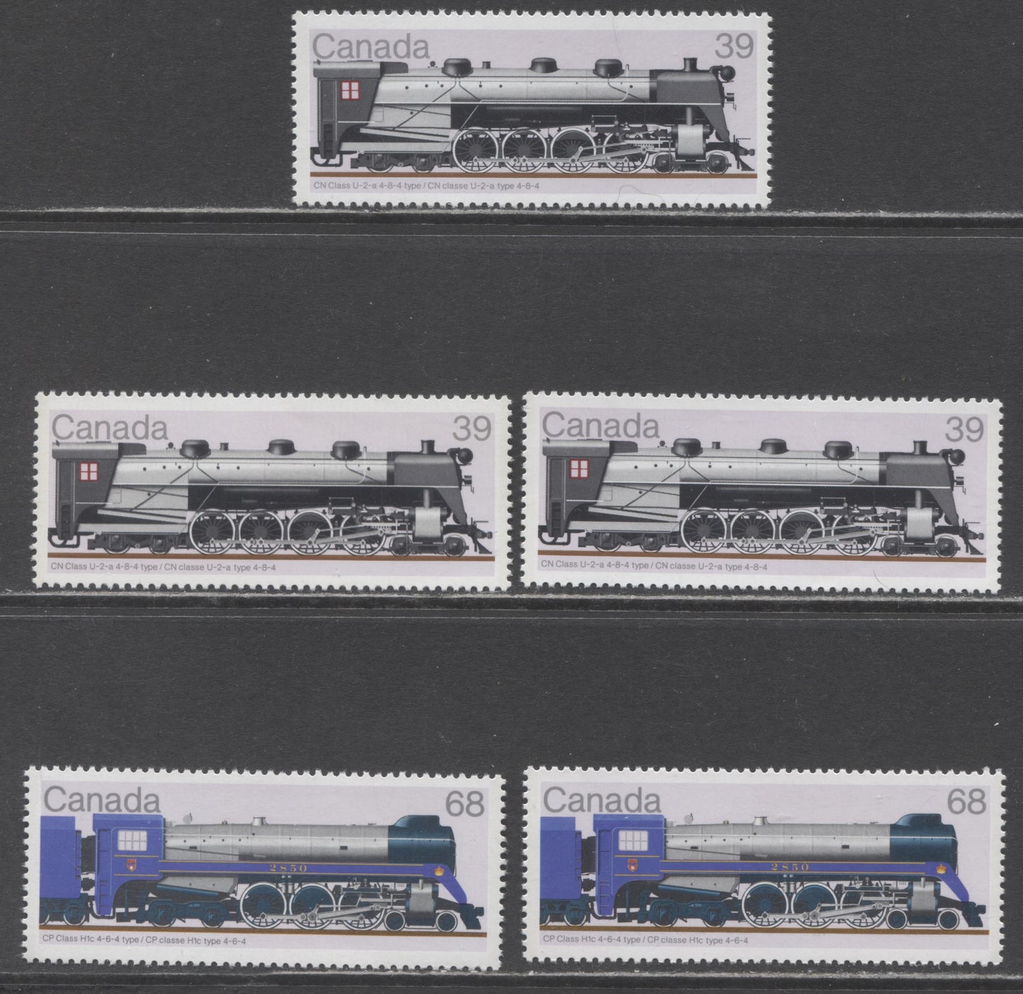Lot 95 Canada #1120, 1120i-ii, 1121, 1121ii 39c, 68c Multicoloured Various Trains, 1986 Locomotive Issues, 5 VFNH Singles DF/HF, LF/MF, DF/LF, DF/MF And MF/LF Rolland Papers