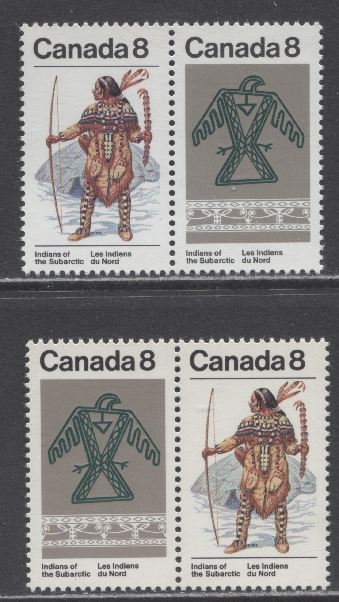 Canada #577avar 8c Multicoloured Kutchin Ceremonial Costume & Thunderbird, 1975 Subarctic Indians Issue, 2 VFNH Pairs Dry Print of Tagging, HF9/HF9 Bright White Paper, With Normal HF8 Cream Paper For Comparison