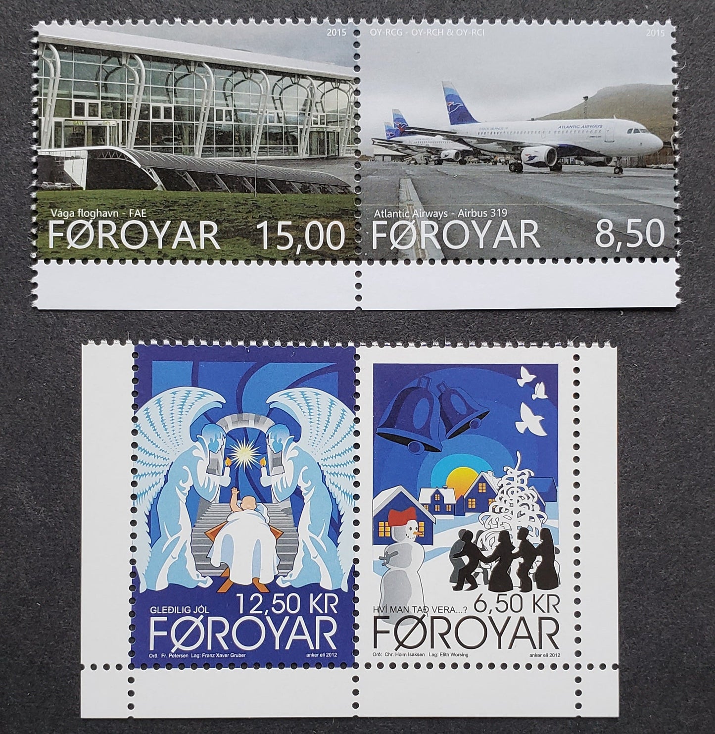 Faroe Islands SC#592/637 2012-2015 Christmas - Opening Of Vagar Airport Terminal, 2 VFNH Pairs, Click on Listing to See ALL Pictures, 2017 Scott Cat. $13.85