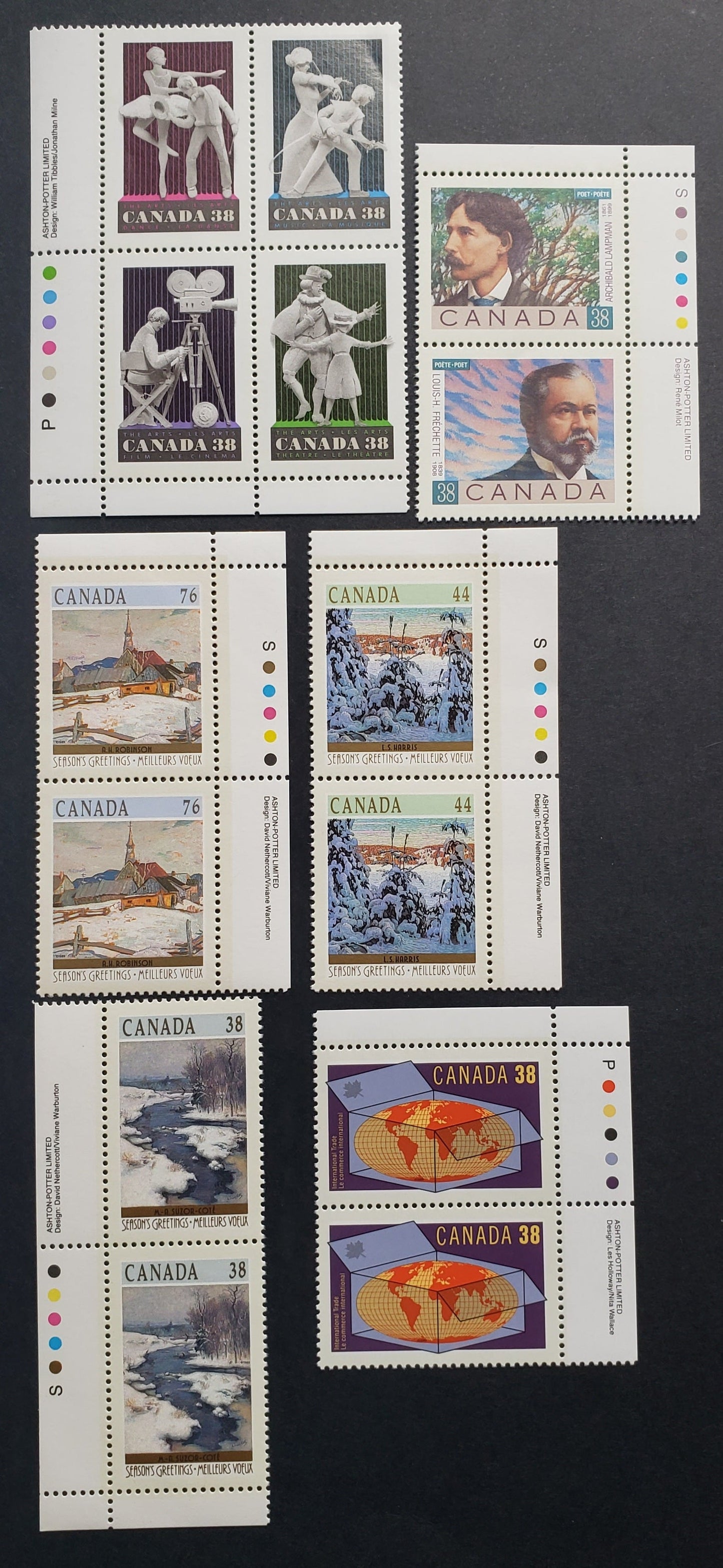 Canada #1244a, 1251, 1255a, 1256-1258 38c-76c Multicoloured Various Subjects, 1989 Canadian Poets - Christmas Issues, 5 VFNH Inscription Pairs and Inscription Block
