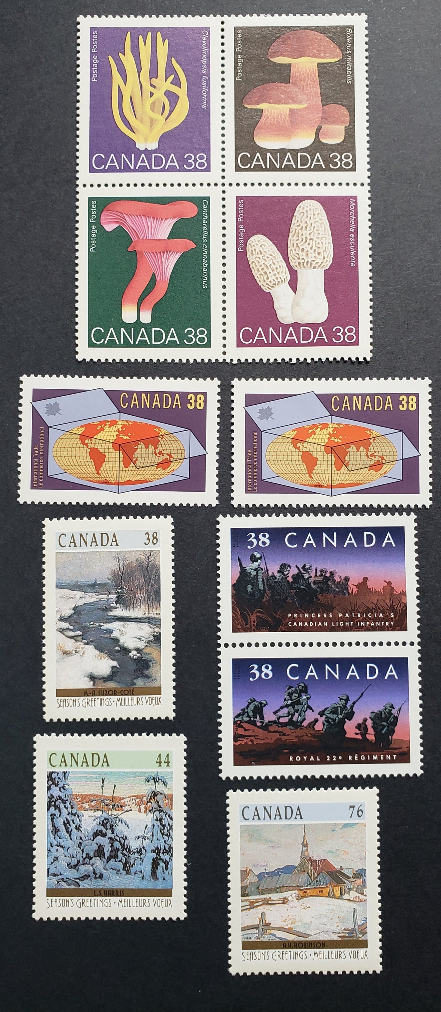 Canada #1245-1251, 1256-1258 38c-76c Multicoloured Various Subjects, 1989 Mushrooms - Christmas Issues, 5 VFNH Singles, 1 Pair and 1 Block of 4 Including Smooth & Vertical Ribbed Papers On International Trade Issue