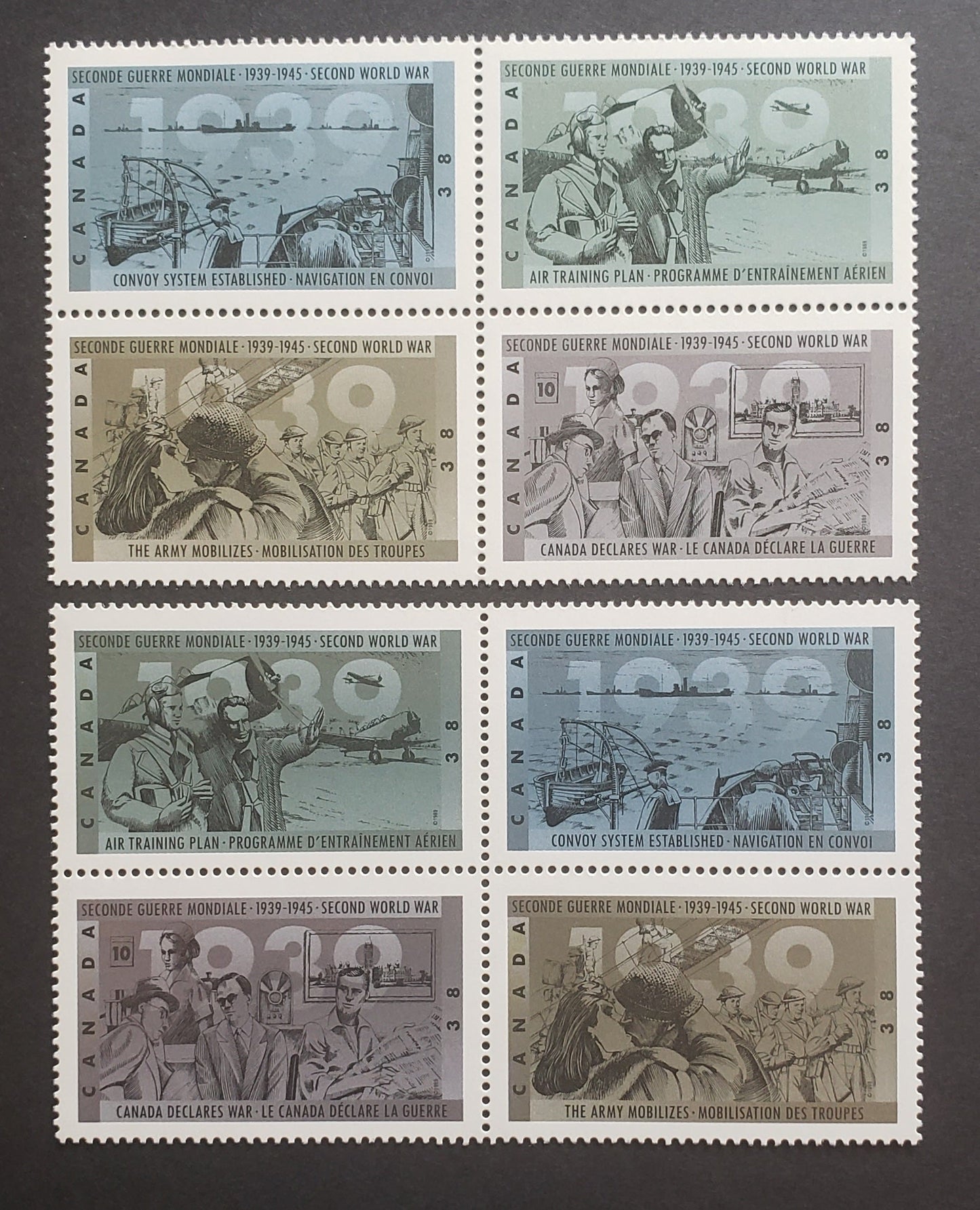 Lot 133 Canada #1283a, var 38c Multicoloured Various Wartime Scenes, 1989 50th Anniversary of World War II Issue, 2 VFNH Se-Tenant Blocks of 4 NF/DF and DF/LF Peterborough Paper
