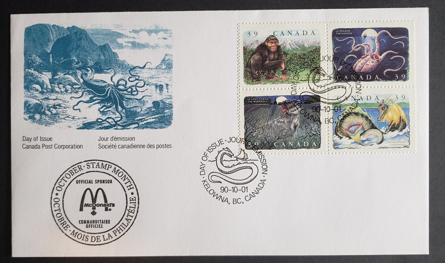 Canada #1292a 39c Multicoloured Mythical Creatures, 1990 Canadian Folklore Issue, A VF Canada Post Official FDC Franked With A Block, Perf. 12.5 x 13.3, Special McDonalds Sponsorship Cachet