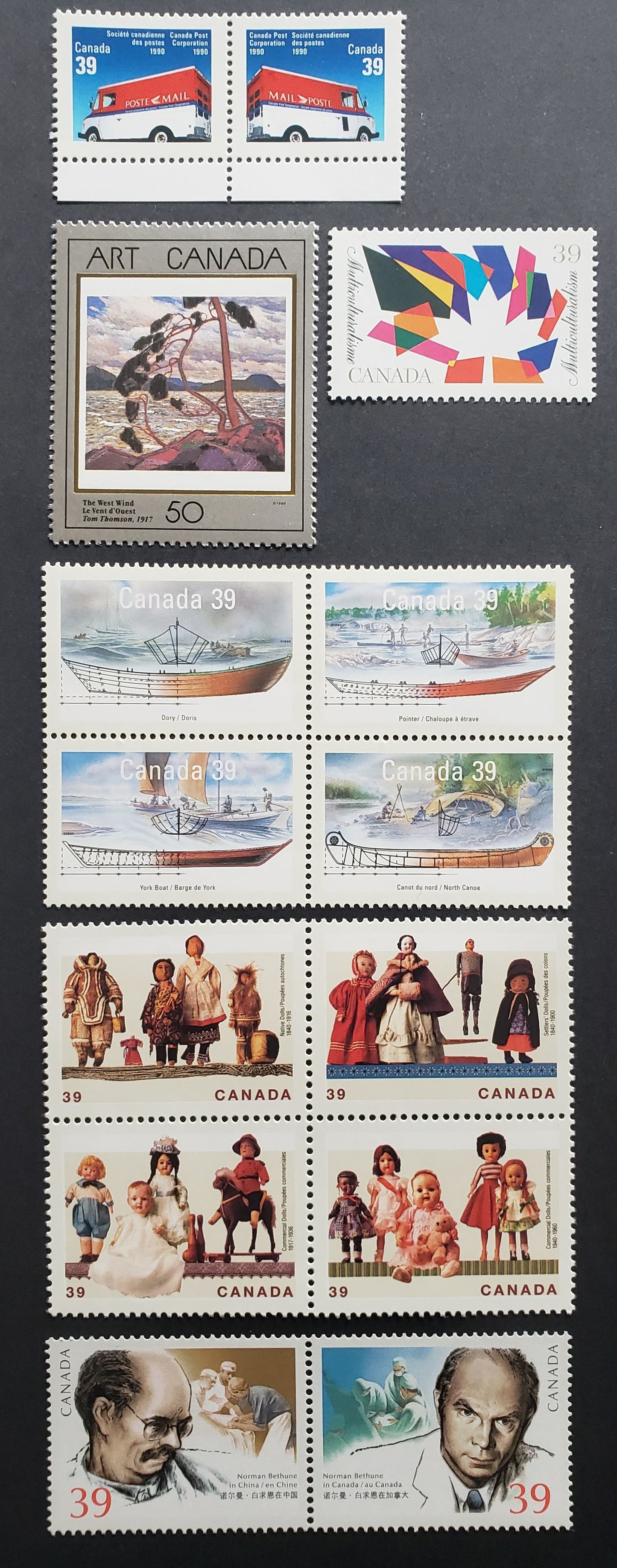 Canada #1265a-1277a 39c Multicoloured Various Subjects, 1990 Norman Bethune - Dolls Issues, 2 VFNH Blocks of 4, 2 Pairs & 2 Singles