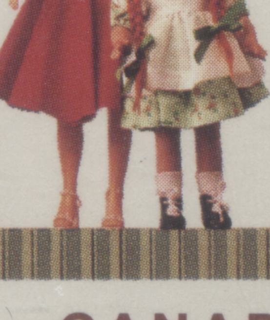Canada #1277avar 39c Multicoloured Various Dolls, 1990 Dolls Issue, A VFNH Se-Tenant Block Of 4 DF1/DF2 Peterborough Paper, Black & Blue Dots Above Shoulder, To Right Of Coat & Between Legs Of Doll, Tertiary & Possibly Constant
