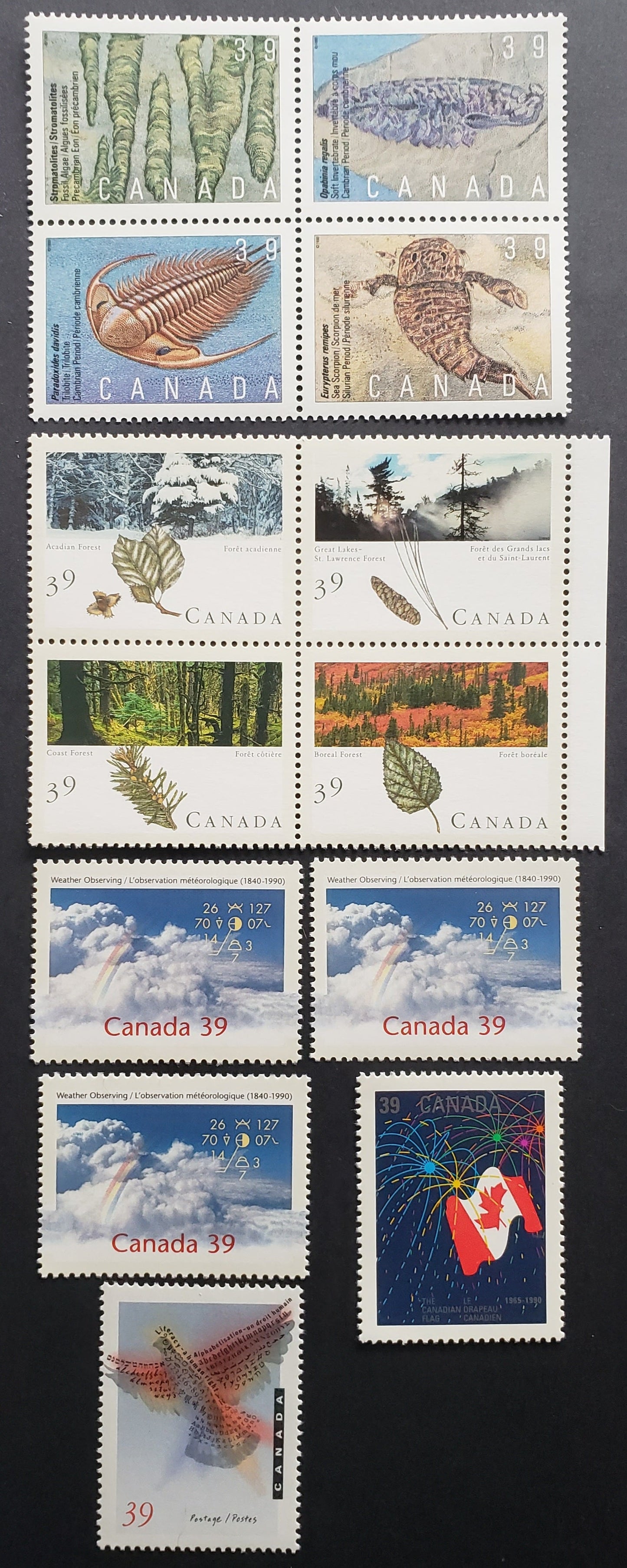 Canada #1278-1288 39c Multicoloured Various Subjects, 1990 Canada Day - Literacy Year Issues, 5 VFNH Singles & 2 Blocks of 4