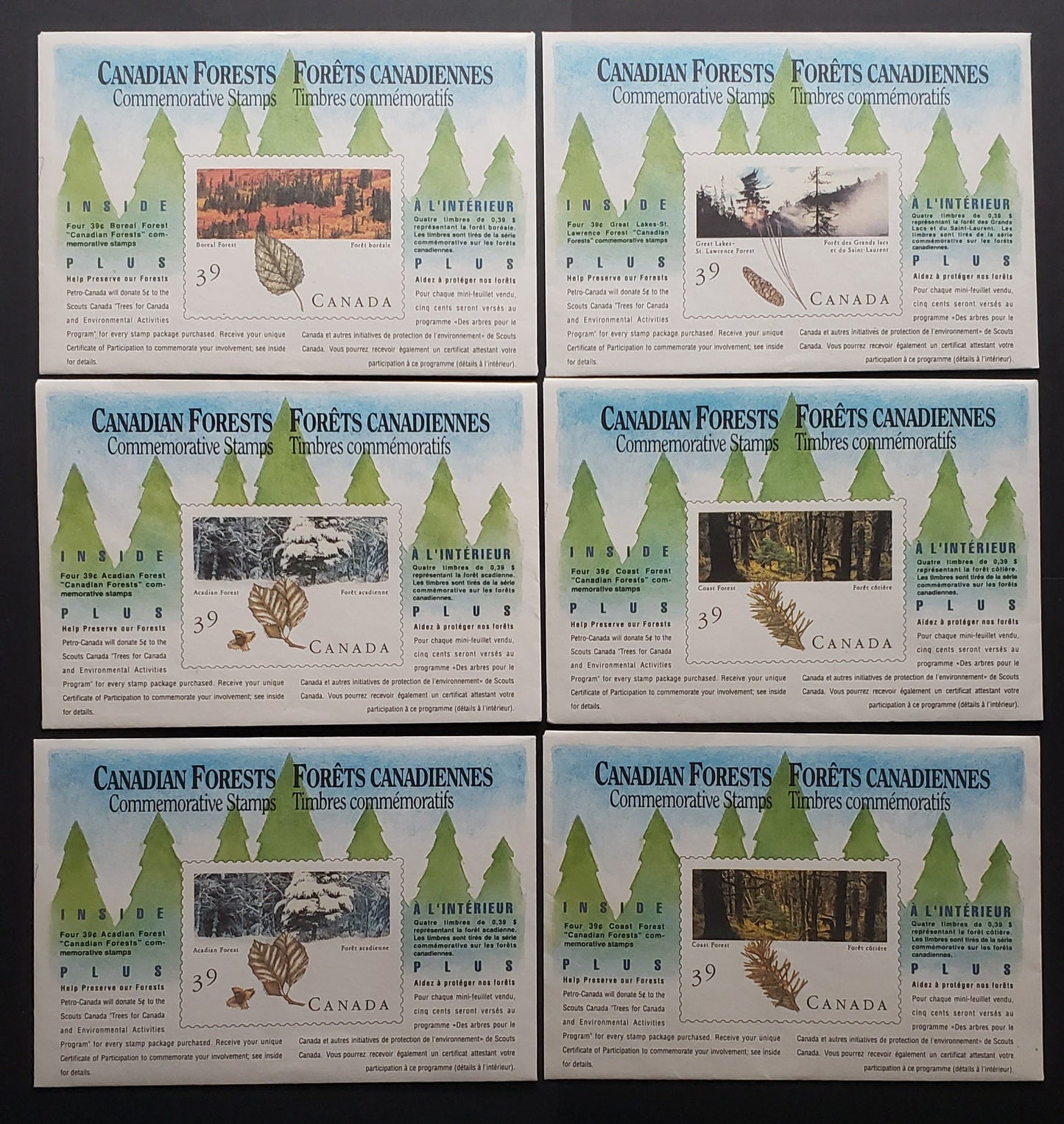 Canada #1283-1286 39c Multicoloured Various Forests, 1990 Majestic Forests of Canada Issue, 6 VF Empty Petro-Can Souvenir Envelopes On Fluorescent, MF and HF Papers, All Containing Certificate Of Participation Entry Forms
