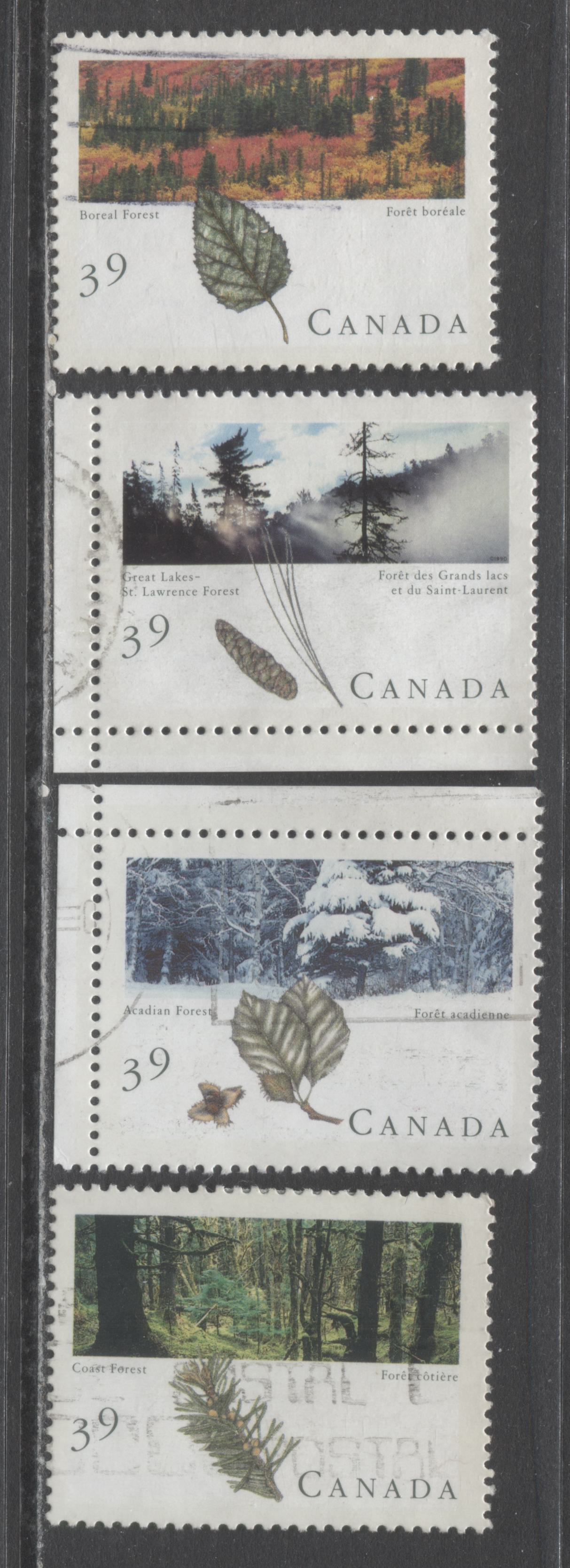 Canada #1283ai-1286bi 39c Multicoloured Various Forests, 1990 Majestic Forests of Canada Issue, 4 VF Used Singles From Petro-Can Steetlets, DF/DF Peterborough Paper