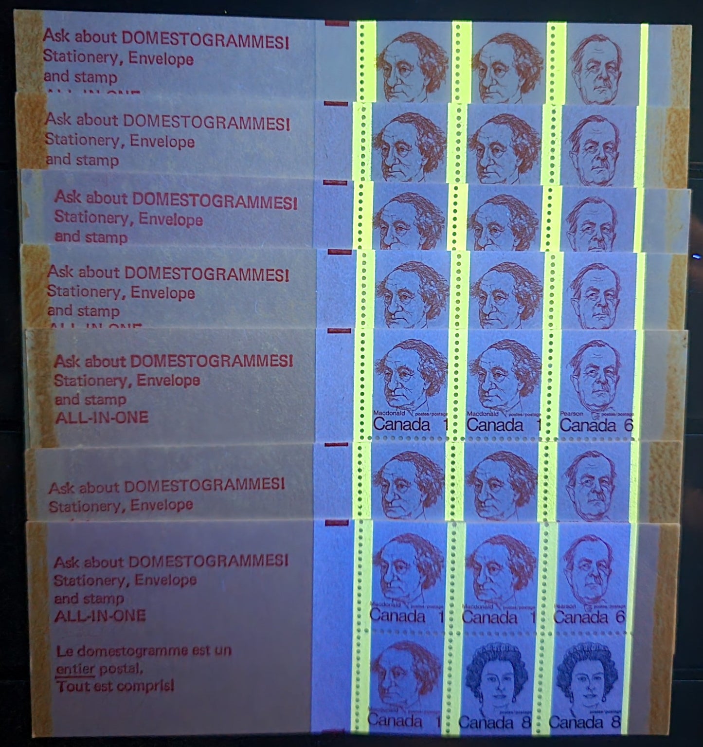 Canada #BK74a,b,g, k,l & var 1c, 6c, 8c Orange - Royal Blue John A. Macdonald - Queen Elizabeth II, 1973-1978 Caricature Issue, 7 VFNH Complete Booklets DF Covers, NF, LF, MF6, MF7, HF8, HF9 Smooth Panes and DF Horizontal Ribbed Panes