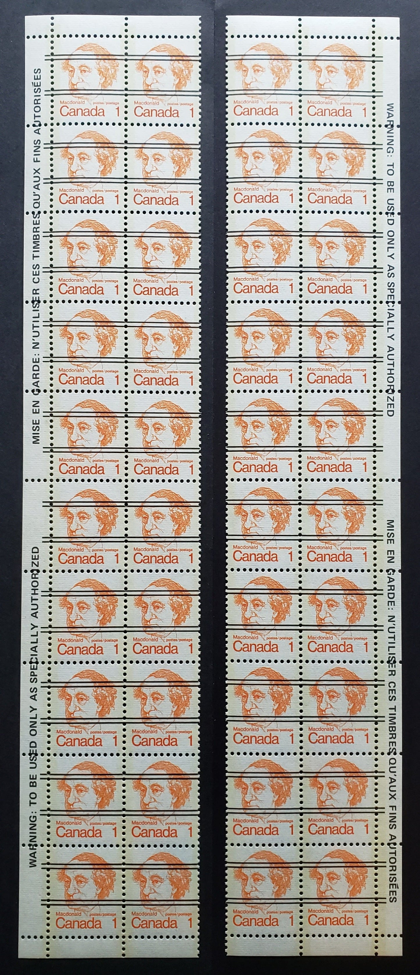 Lot 114 Canada #586xxii 1c Orange Sir John A Macdonald, 1973-1978 Caricature Issue, 2 VFNH Left Warning Strips Of 20 DF Greyish/DF Greyish