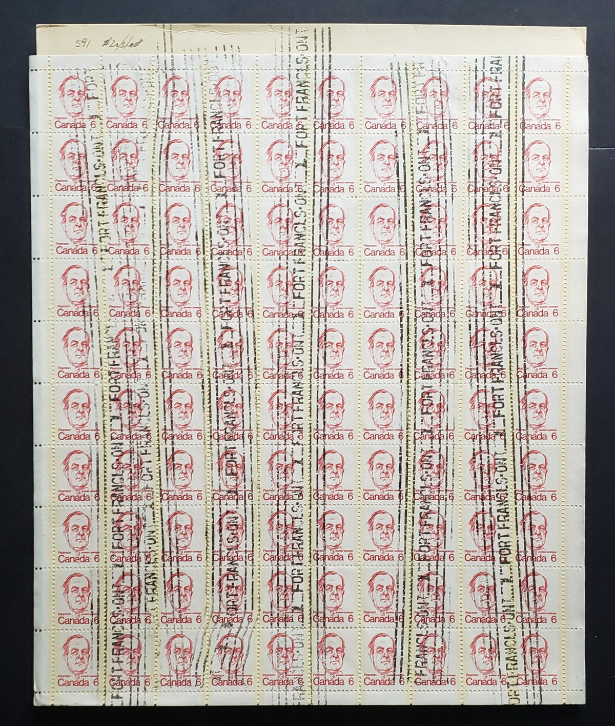 Lot 153 Canada #591 6c Dark Red Lester Pearson, 1973-1978 Caricature Issue, A Fine Used Field Stock Sheet Of 100 NF Semi-Smooth Paper, On A Sheet Pad Cover, Fort Francis Roller Cancels