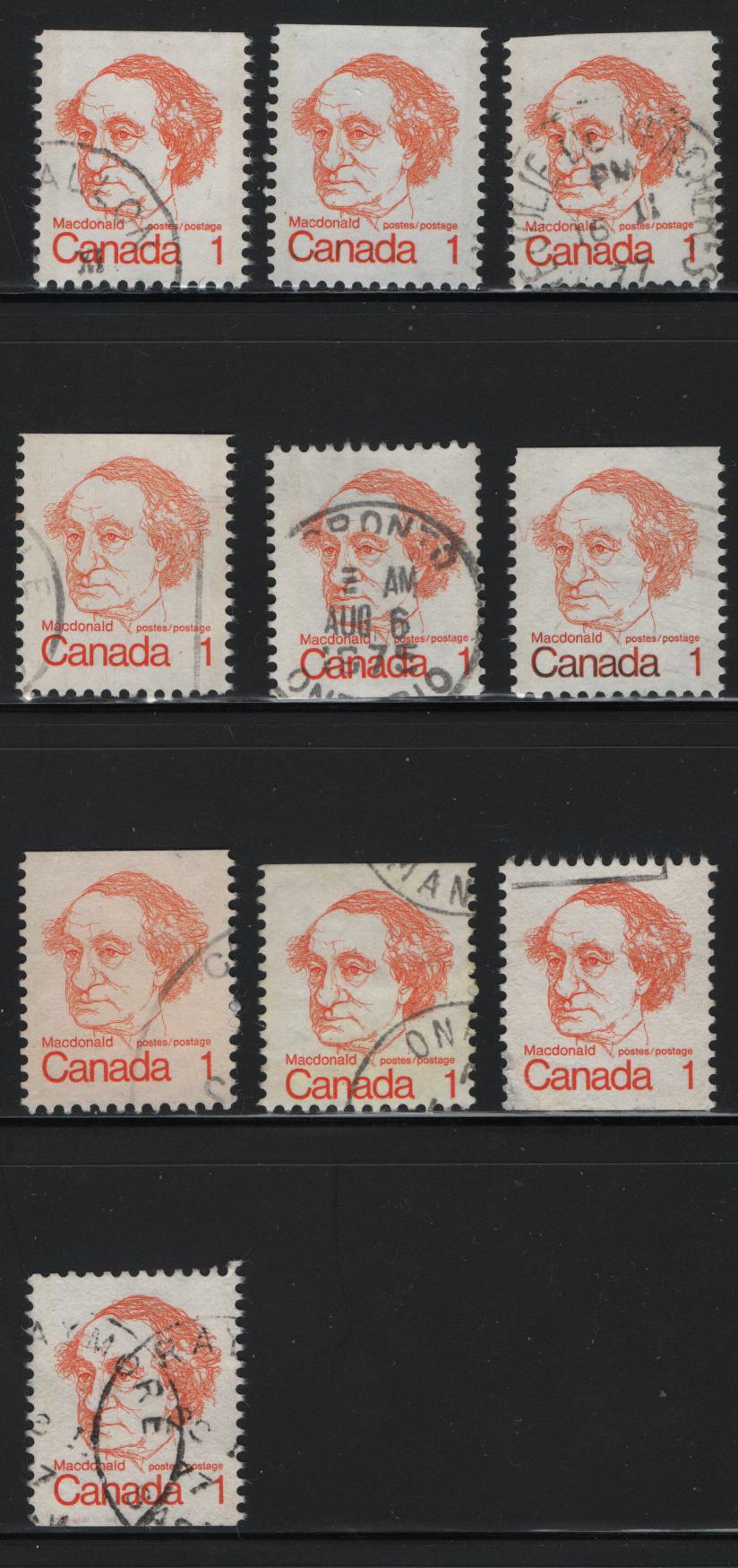 Canada #586as-bis 1c Orange Sir John A Macdonald, 1973-1978 Caricature Issue, 10 Fine & VF Used Booklet Singles Covering A Wide Range Of Paper Types