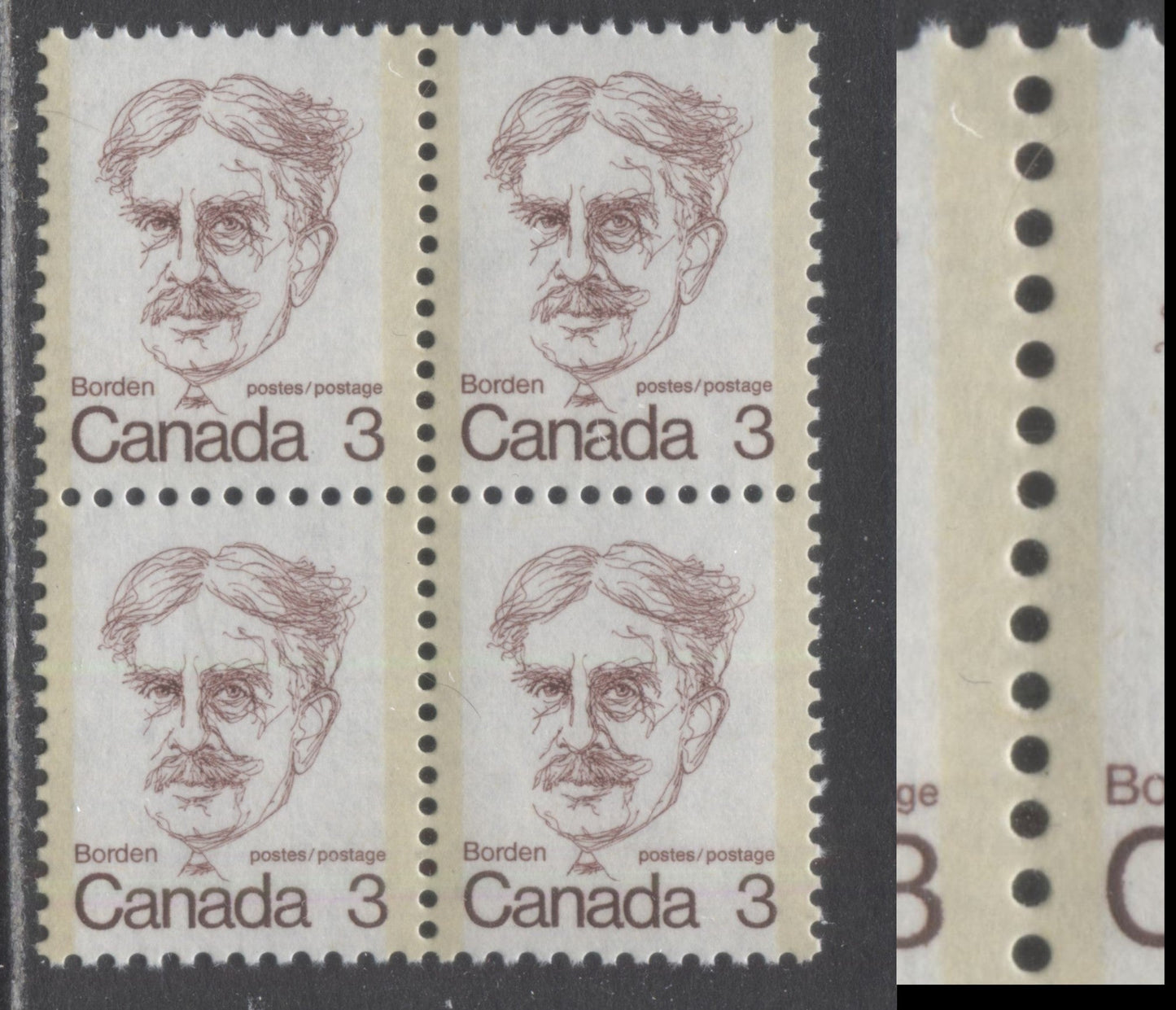 Canada #588var 3c Bright Brown Purple Sir Robert Borden, 1973-1978 Caricature Issue, A VFNH Block Of 4 Showing Mis-Alignment of Vertical Perfs, LF4/LF4 Vertical Ribbed Paper, Dark Tagging, Satin PVA Gum Showing Horizontal Ribbing