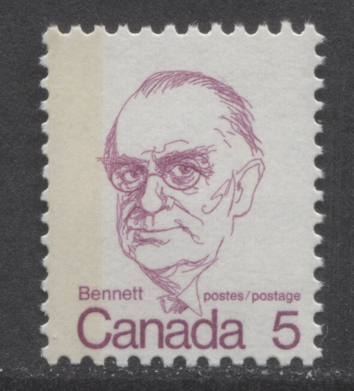 Lot 108 Canada #590T4 5c Rose Lilac Richard B. Bennett, 1973-1978 Caricature Issue, A Fine NH Single G2aL Tagging Error, LF3/LF4 Vertically Ribbed Paper, Moderate Tagging , Eggshell PVA Gum