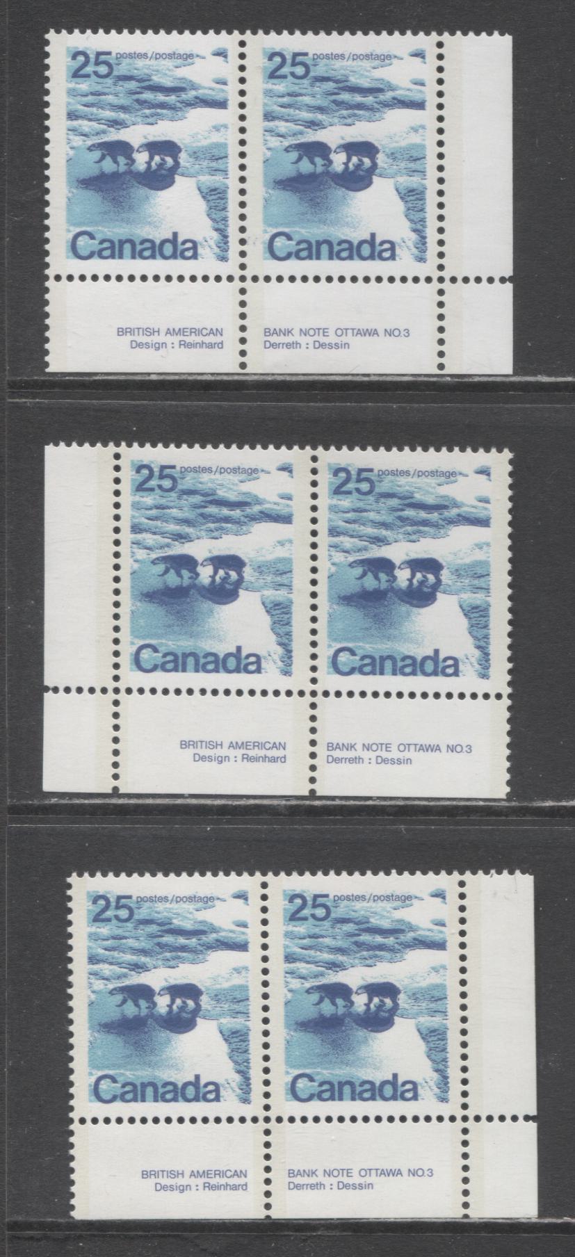 Canada #597ai, aii 25c Multicoloured Polar Bears, 1972-1979 Landscape Definitive Issue, 3 VFNH Plate 3 Pairs Type 2, Perf. 13.3, On A Variety Of Papers: NF/DF1, & Two Varieties Of LF3/HF9-fl Papers