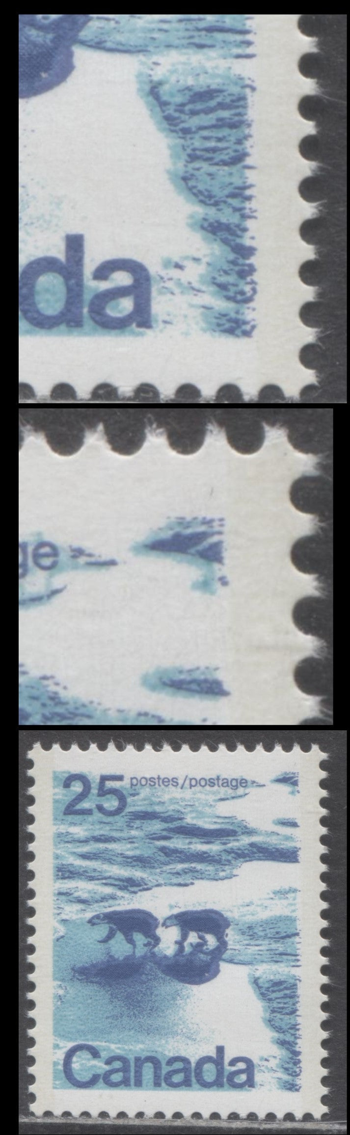 Canada #597aiivar 25c Multicoloured Polar Bears, 1972-1979 Landscape Definitive Issue, A VFNH Single MF6/HB10 Paper, Perf. 13.3, Showing Rightward Shift of Dark Blue, Deep Bright Greenish Blue Ice & Water