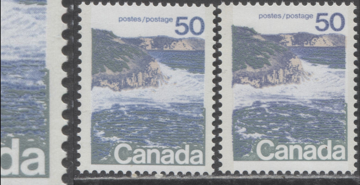 Canada #598avar 50c Multicoloured Seashore, 1972-1979 Landscape Definitive Issue, 2 VFNH Singles Type 2, Perf. 13.3, DF1/DF1 Paper & DF1/LF3, Rightward Shift of Grey Green