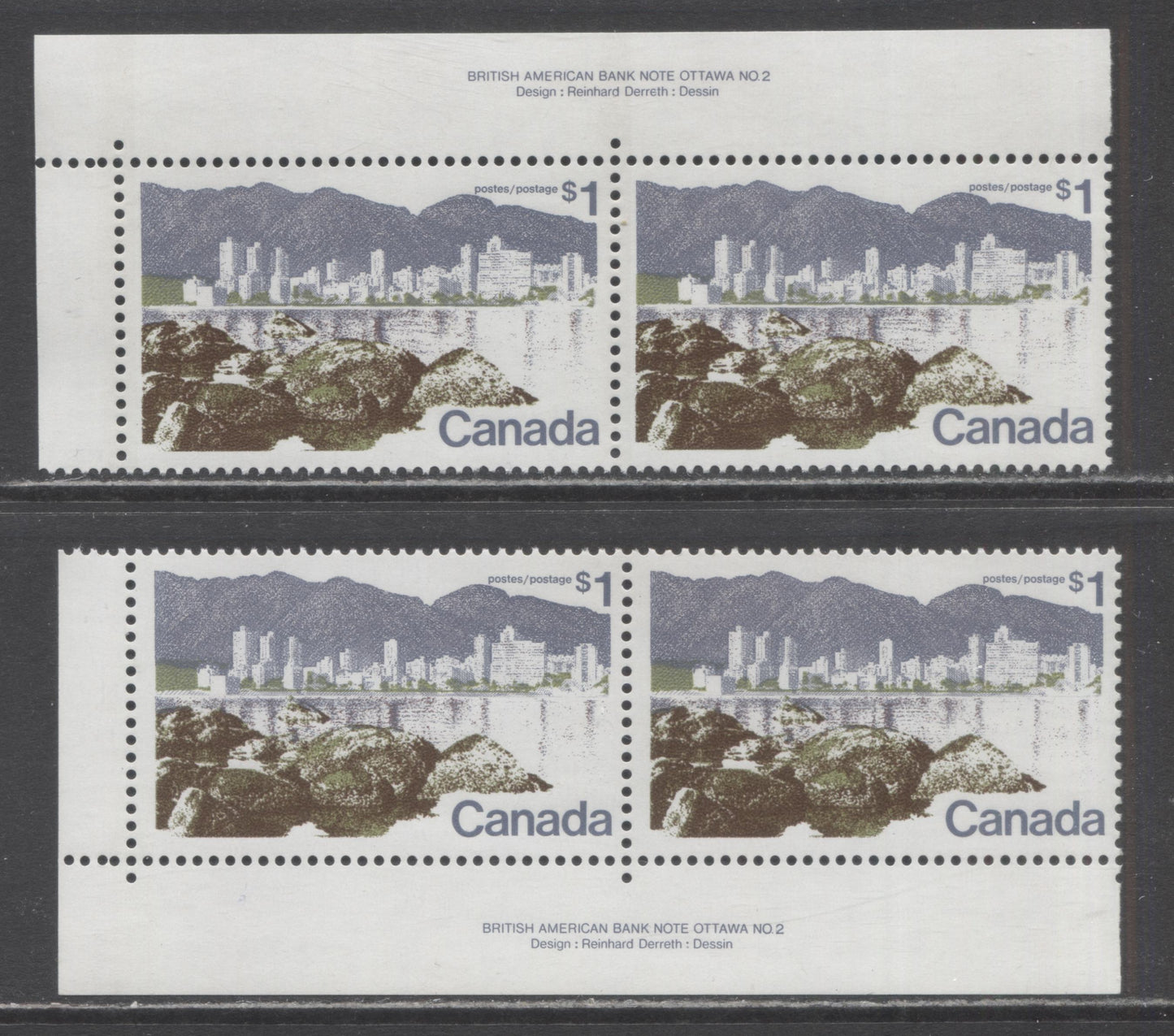 Canada #599iii $1 Multicoloured Vancouver, 1972-1979 Landscape Definitive Issue, 2 VFNH Plate 2 Pairs Perf. 12.5 x 12, DF2/LF3 Paper, Strong Tag & Screened Tag
