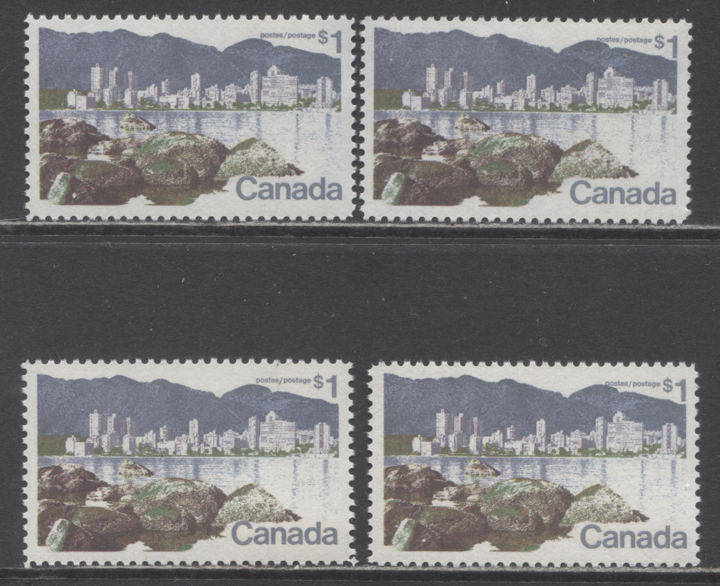 Lot 107 Canada #600 $1 Multicoloured Vancouver, 1972-1979 Landscape Definitive Issue, 4 VFNH Singles Perf. 11 On Different MF6/LF4-fl and MF6/LF3-fl Papers