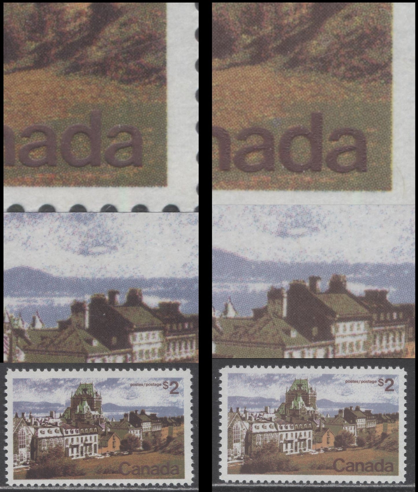Canada #601 $2 Multicoloured Quebec City, 1972-1979 Landscape Definitive Issue, 3 VFNH Singles Plate 1, F/LF3-fl, MF6/LF4-fl and MF6/LF4 Papers