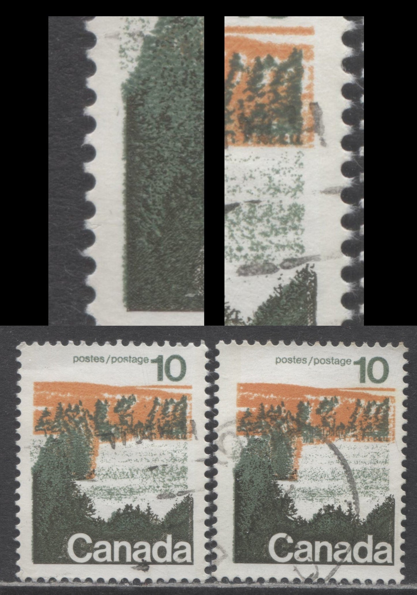 Canada #594avar, aiivar 10c Multicoloured Forests, 1972-1979 Landscape Definitive Issue, 2 Fine & VF Used Singles Type 2, Perf. 13.3, DF/DF and DF/LF Papers, Showing Creeping Vegetation Variety