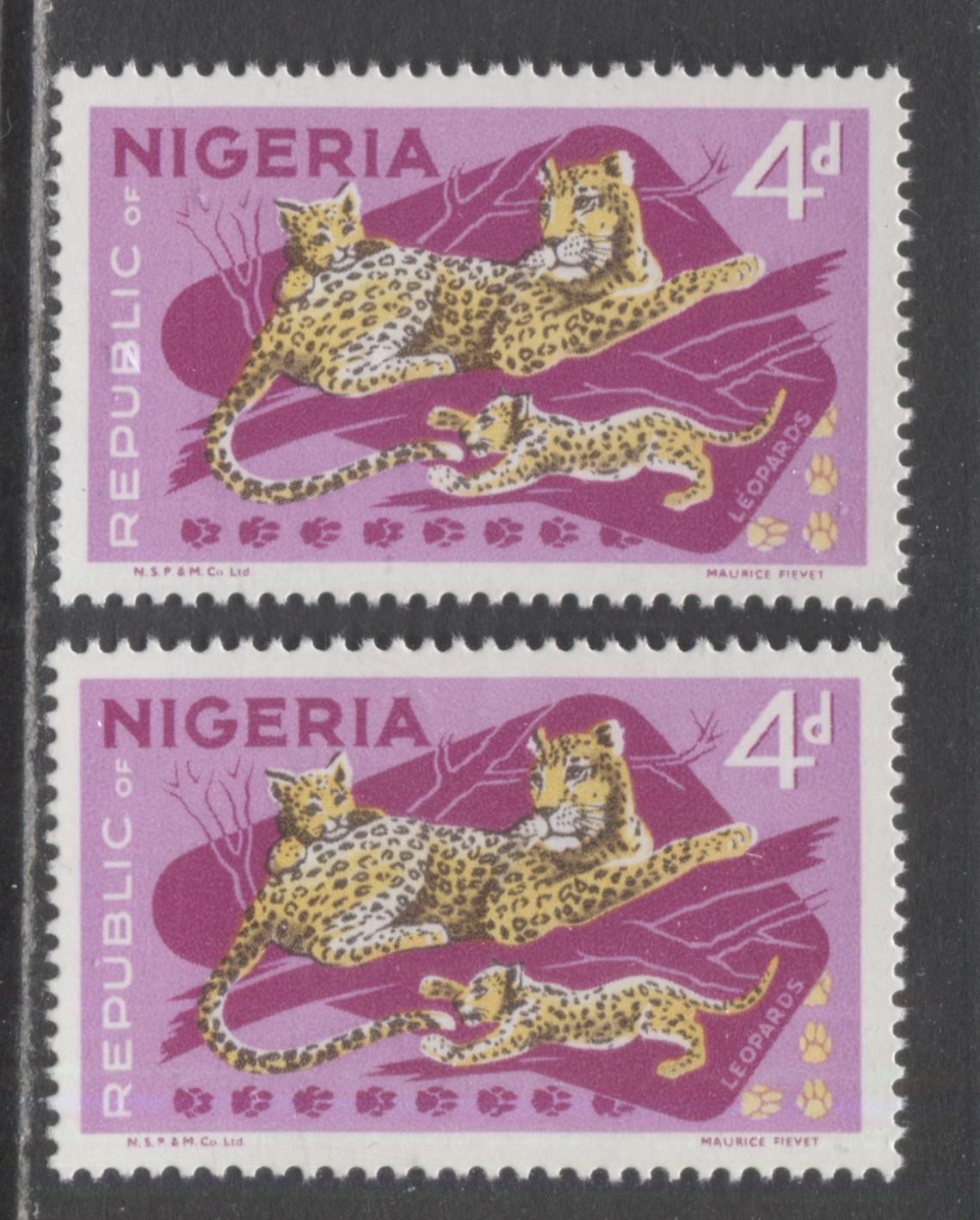 Lot 103 Nigeria #261 (SG#224) 4d Multicoloured Leopards, 1969-1972 NSP&M Wildlife Issue, 2 VFNH Singles Magenta, Larger Imprint, Satin & Shiny Dex Gum, HF/HF Vertical Wove Paper With & Without Clear Mesh