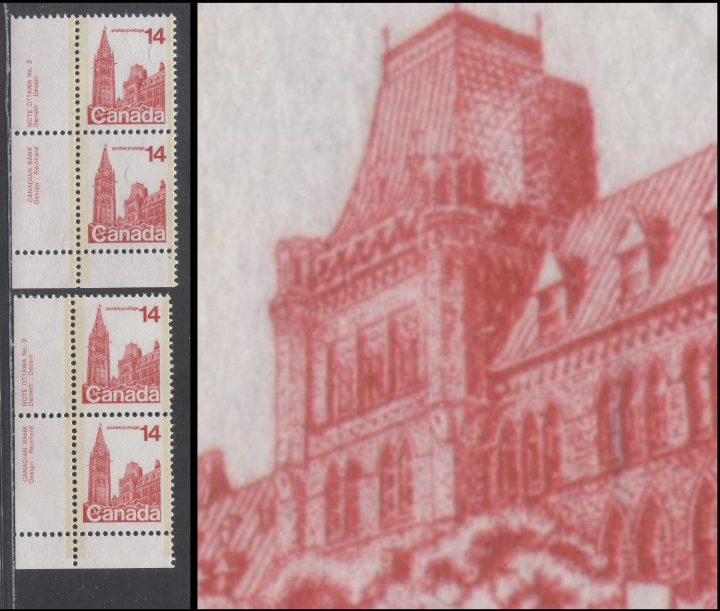 Lot 101 Canada #715viii 14c Rose Red Parliament Buildings, 1977-1982 Floral & Environment Issue, 2 VFNH Plate 2Pairs On LF3/LF3 And MF6/MF6 Papers, Showing The Closed Blind Variety (Pos. 81), Light Tagging