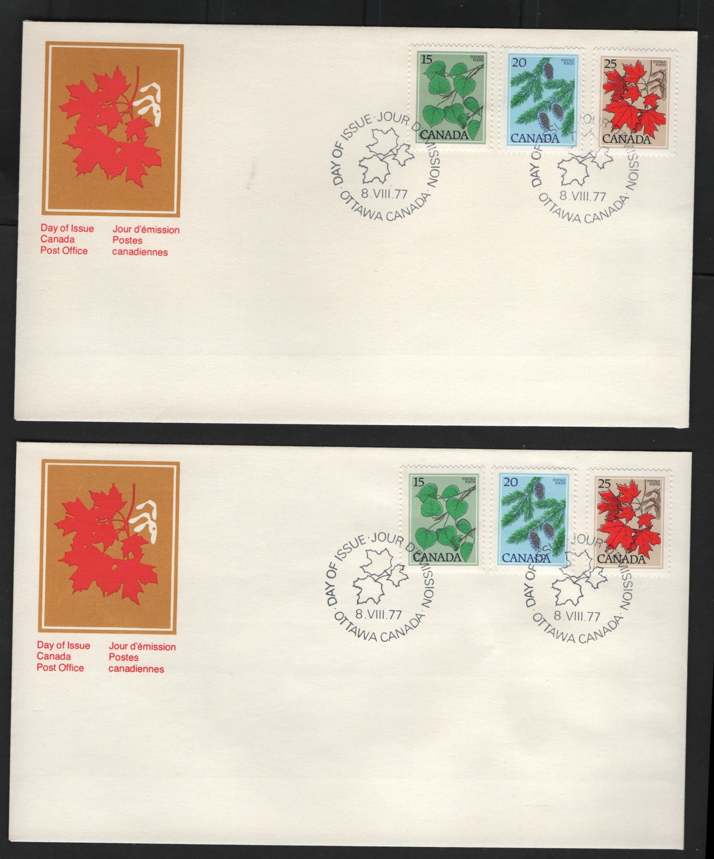 Canada #717-719, 718i 15c-25c Multicoloured Trembling Aspen - Sugar Maple, 1977-1982 Floral & Environment Issue, 2 VF Canada Post Official FDC's Franked With A Combination Of 3 Singles, On DF & LF Papers, LF Envelopes