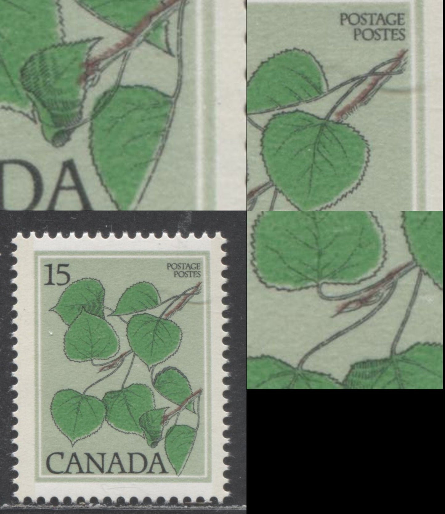 Canada #717var 15c Multicoloured Trembling Aspen, 1977-1982 Floral & Environment Issue, A VFNH Single On DF1/DF1 Paper, Finely Screened Grey-Green Background, Showing 1/2mm Upward Shift Of Brown