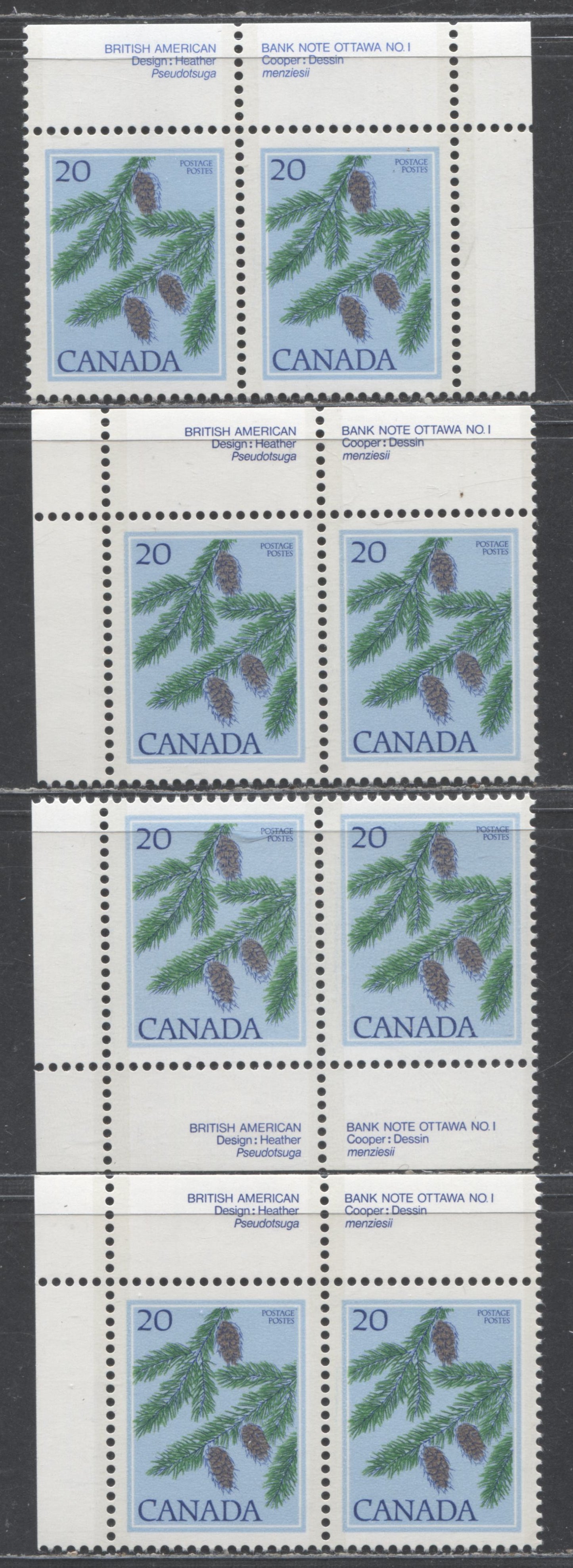 Canada #718 20c Multicoloured Douglas Fir, 1977-1982 Floral & Environment Issue, 4 VFNH Plate Pairs On Various DF/DF & DF/LF Papers, Different Blue & Green Shades