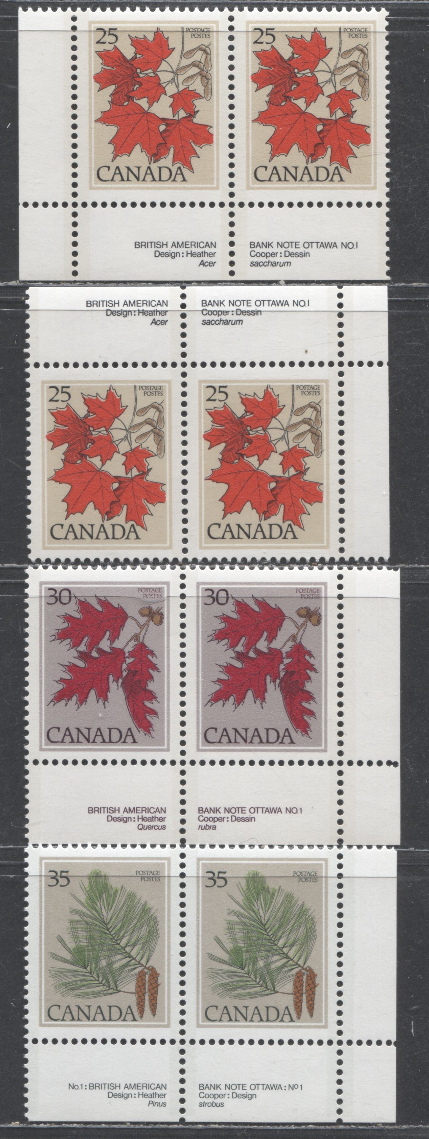Canada #719-721 25c-35c Multicoloured Sugar Maple - White Pine, 1977-1982 Floral & Environment Issue, 4 VFNH Plate Pairs On Various DF/DF & DF/LF Papers, Different Shades