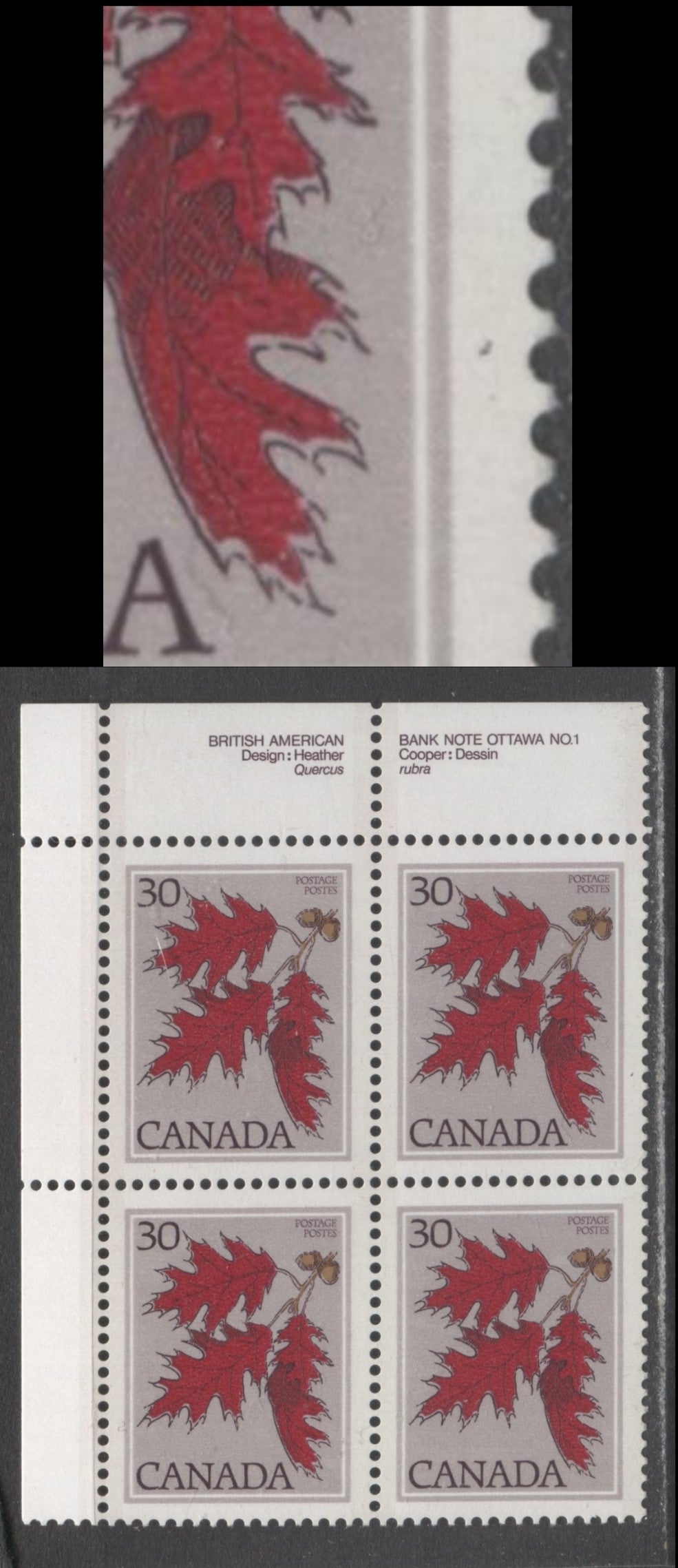 Lot 98 Canada #720var 30c Multicoloured Red Oak, 1977-1982 Floral & Environment Issue, A VFNH UL Plate Block On DF2/LF4 Paper, Guide Dot In Right Margin, Tertiary, Finely Screened Grey Violet Background