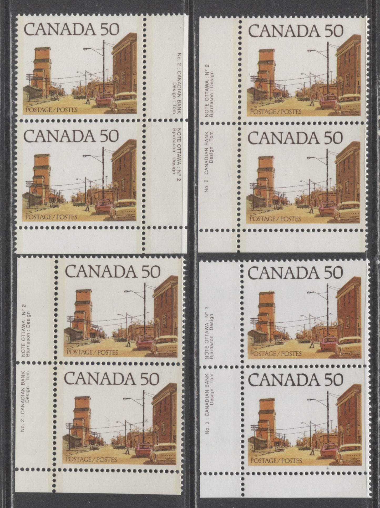 Lot 99 Canada #723A, Av 50c Multicoloured Prairie Street Scene, 1977-1982 Floral & Environment Issue, 4 VFNH Plate 2 & 3 Pairs On DF1/DF1, LF4/LF4 and F/F Papers, CBN Printings, Various Building Shades