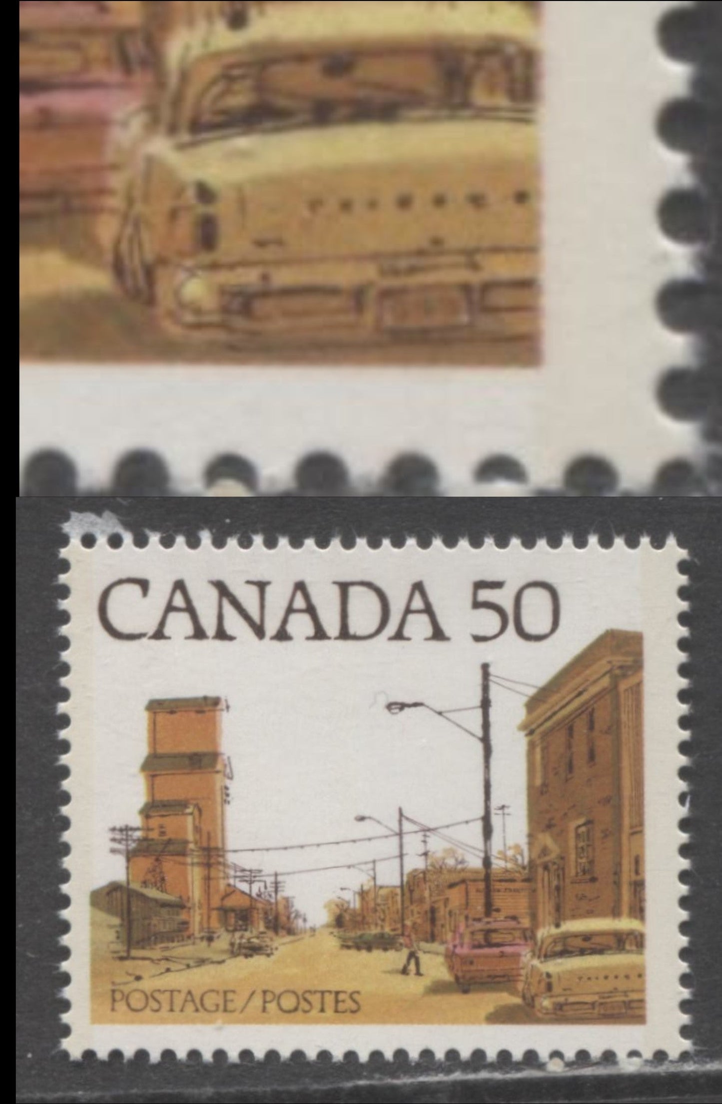 Lot 99 Canada #723Aiii 50c Multicoloured Prairie Street Scene, 1977-1982 Floral & Environment Issue, A VFNH Single On F/F Paper, Brown Building At Right, Dented Bumper (Pos. 6-10) Variety