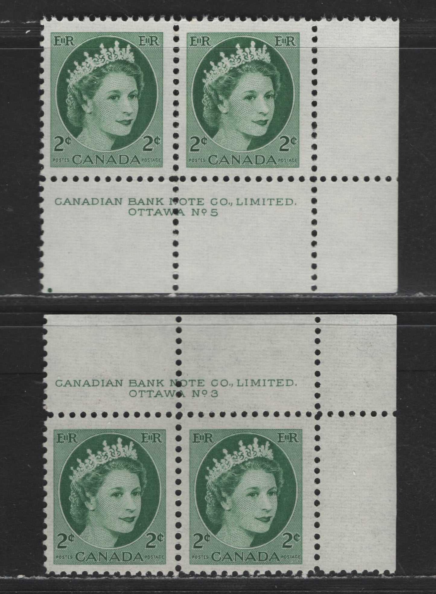 Canada #338 2c Deep Green Queen Elizabeth II, 1954-1962 Wilding Issue, 2 VFNH Plates 3 & 5 Pairs On LF3 Bluish White Ribbed/Ribbed Paper, Smooth & Streaky Semi-Gloss Gum