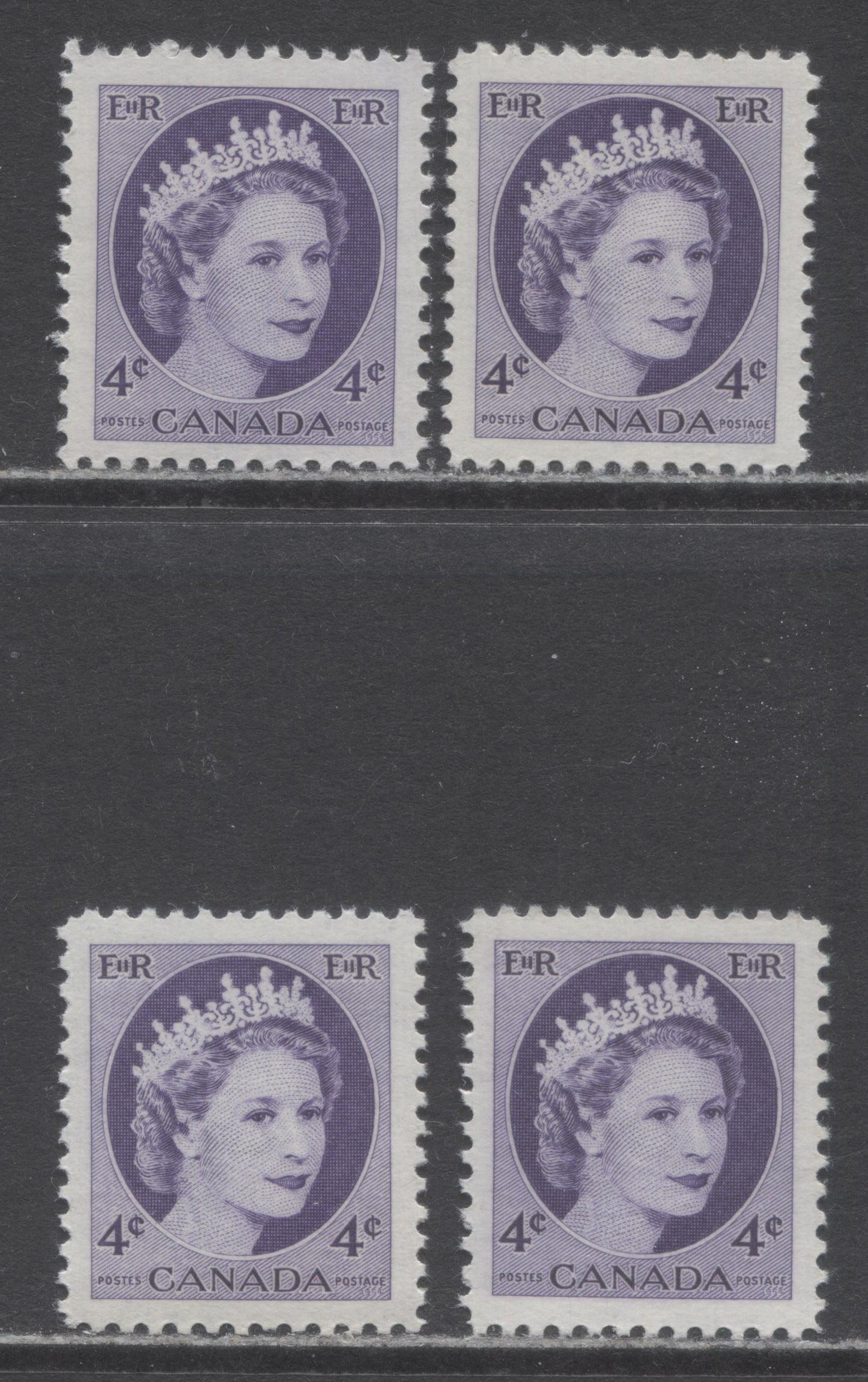 Canada #340v 4c Violet & Deep Violet Queen Elizabeth II, 1954-1962 Wilding Issue, 4 VFNH Singles On DF1-fl & DF2-fl Vertical Ribbed Papers With Smooth & Streaky Semi-Gloss Gums