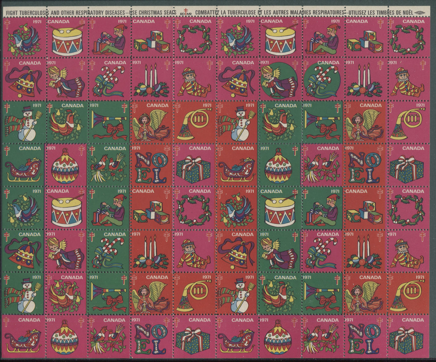 Canada #WX70 Multicoloured Christmas Symbols, 1971 Christmas Seal Issue, A VFNH Full Sheet Of 80