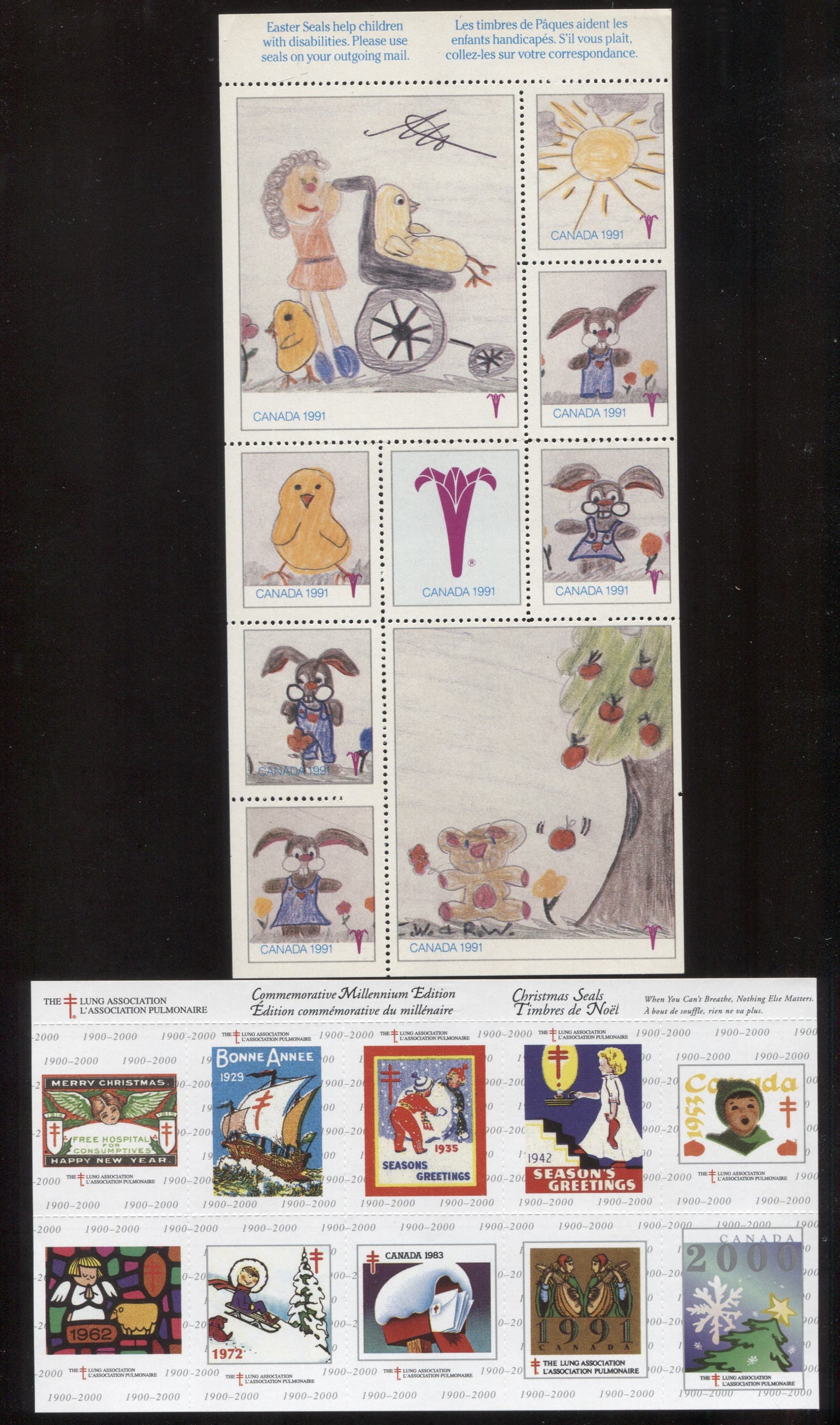Canada #WX99 Multicoloured Various Designs, 1991, 2000 Christmas & Easter Seal Issue, 2 VFNH Sheets Of 9 & 10