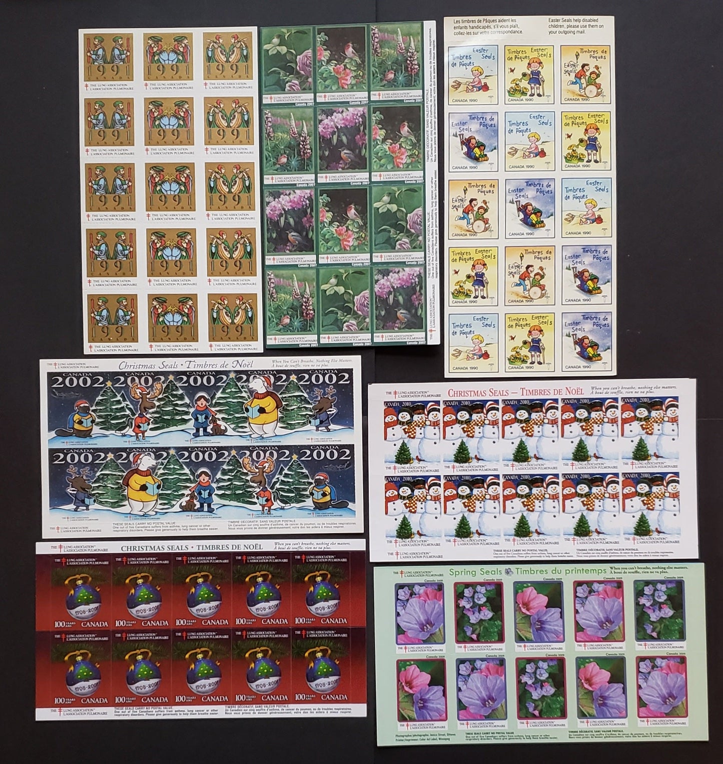 Canada #WX90/WX109 Multicoloured Various Designs, 1990/2010 Christmas & Easter Seal Issues, 7 Fine & VFNH Sheets Of 10 & 15