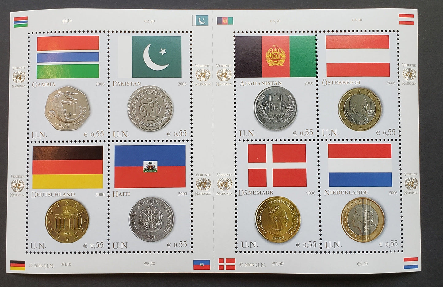 Lot 115 United Nations - Vienna, Austria SC#387 2006 Flags And Coins Issue, A VFNH Sheet Of 8, Click on Listing to See ALL Pictures, 2017 Scott Cat. $14