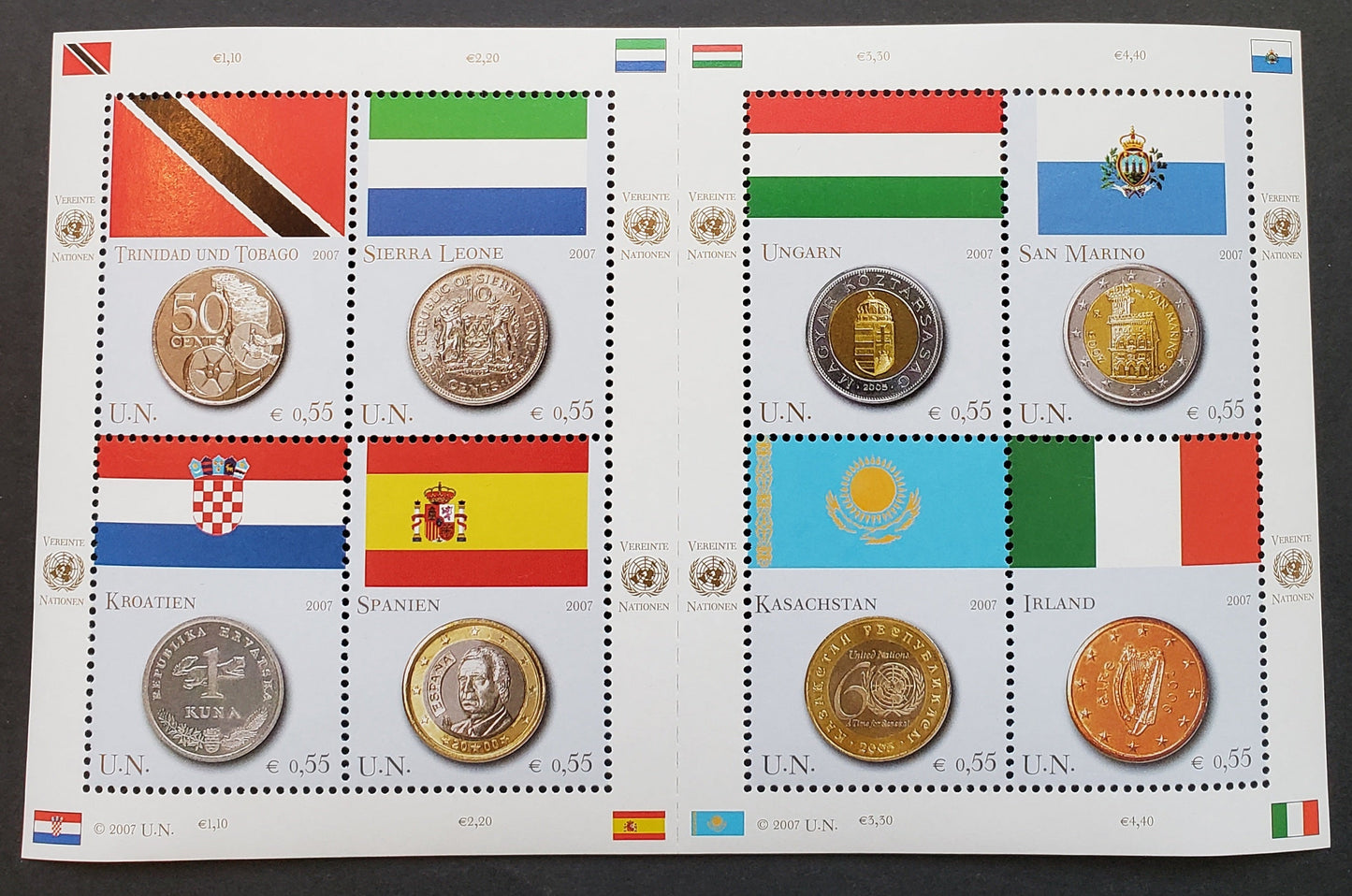 Lot 117 United Nations - Vienna, Austria SC#392 2007 Flags And Coins Issue, A VFNH Sheet Of 8, Click on Listing to See ALL Pictures, 2017 Scott Cat. $13