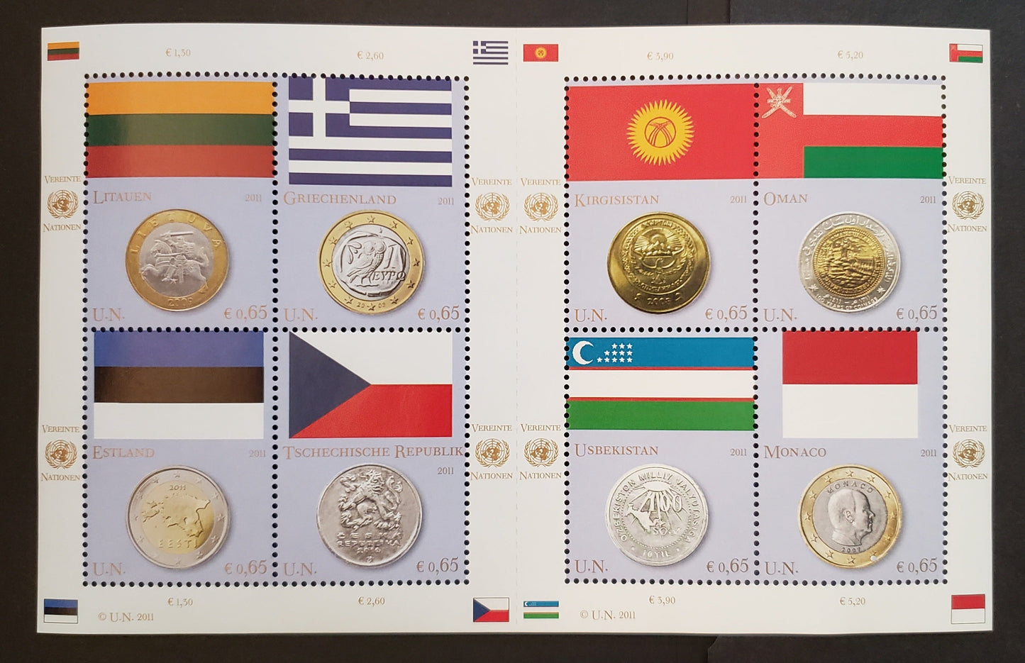 Lot 116 United Nations - Vienna, Austria SC#483/483 2011 Flags And Coins Issue, A VFNH Sheet Of 8, Click on Listing to See ALL Pictures, 2017 Scott Cat. $15