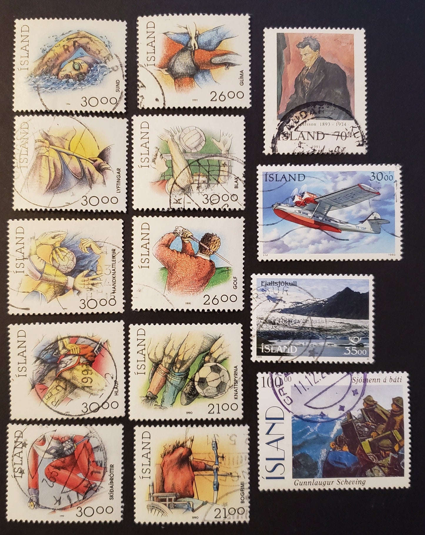 Iceland SC#700/816 1990-1996 Sports / Paintings Issues, 14 Fine & VF Used Singles, Click on Listing to See ALL Pictures, 2017 Scott Cat. $11.55