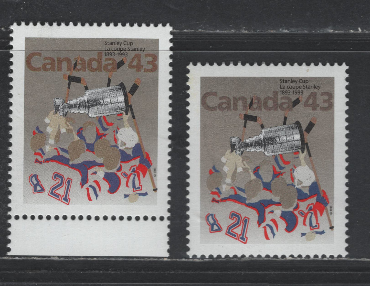 Canada #1460&var 43c Multicoloured Hockey Players & Stanley Cup , 1993 Stanley Cup Issue, 2 VFNH Singles With Pinkish Silver Background On Both NF/DF1-fl & The Scarcer NF/DF2 Coated Papers Paper, Deep Grey Brown & Brown Canada Inscriptions