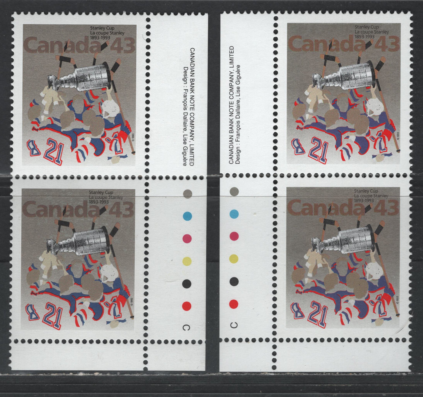 Canada #1460&var 43c 1993 Stanley Cup Issue, 2 VFNH Inscription Pairs With Pinkish Silver Background On Both NF/DF1-fl & The Scarcer NF/DF2 Coated Papers Paper, Deep Grey Brown & Brown Canada Inscriptions