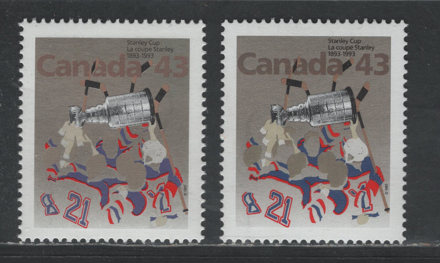 Canada #1460&var 43c Multicoloured Hockey Players & Stanley Cup , 1993 Stanley Cup Issue, 2 VFNH Singles With Pinkish Silver Background On The Scarcer NF/DF2 Coated Papers Paper, Deep Grey Brown & Brown Canada Inscriptions