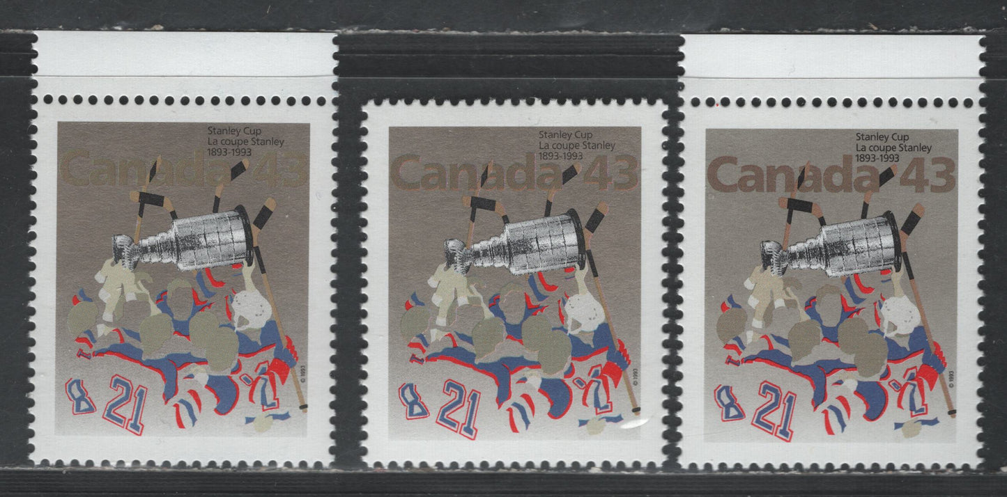 Canada #1460&var 43c Hockey Players & Stanley Cup , 1993 Stanley Cup Issue, 3 VFNH Singles With Both Plain Silver & Pinkish Silver Backgrounds, Grey, Grey Brown & Deep Grey Brown Canada Inscriptions, All On NF/DF1-fl Coated Papers Paper